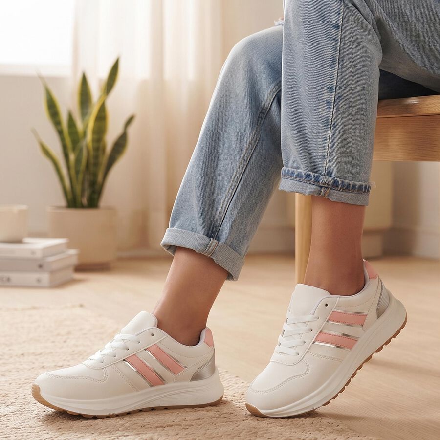 Women's Pink Lace-Up Sneakers, Pink, large