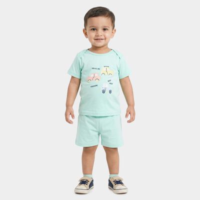 Infants' Light Green Cotton Round Neck Car Print Baba Suit