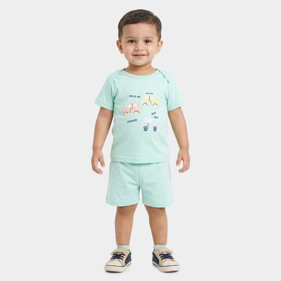 Infants' Light Green Cotton Round Neck Car Print Baba Suit, Light Green, large