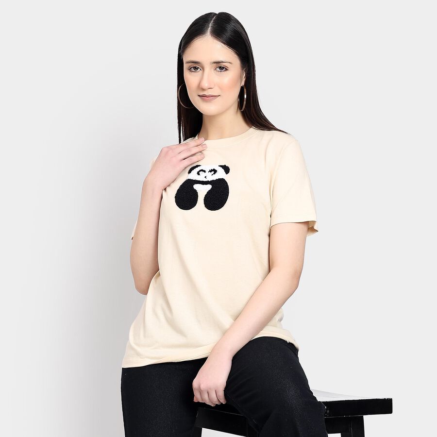 Ladies' 100% Cotton Round Neck T-Shirt , Beige, large