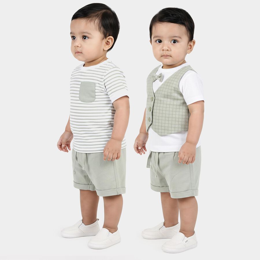 Infants' Mint Green Cotton Round Neck Striped Baba Suit, Light Green, large