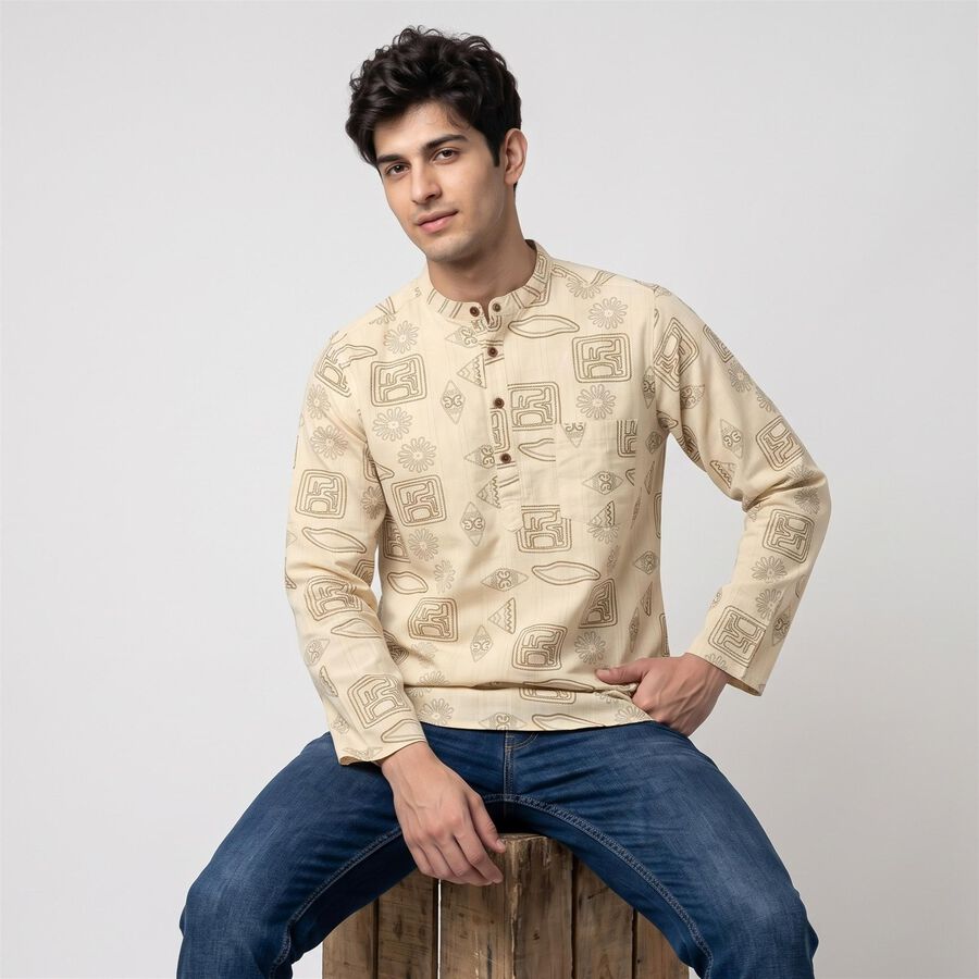 Men's Beige Cotton Mandarin Collar Printed Kurta, Beige, large