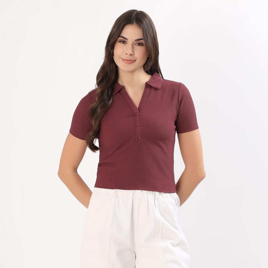 Women's Deep Wine Polo Collar Classic Polo T-Shirt, वाइन, large