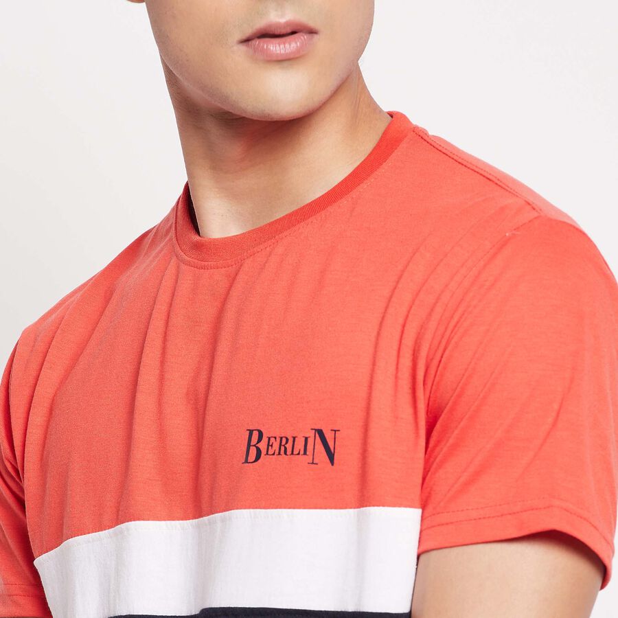 Cut & Sew Round Neck T-Shirt, Coral, large image number null