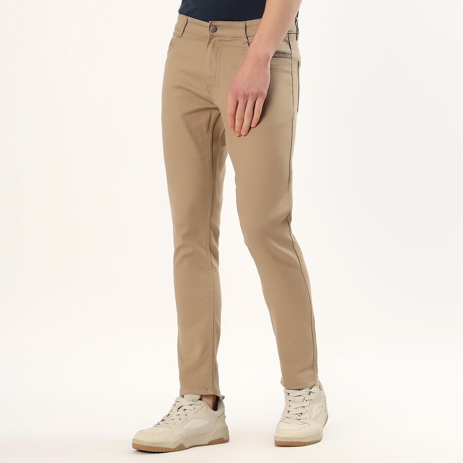 Men's Beige Slim Fit Flat-Front Casual Trousers, Khaki, large