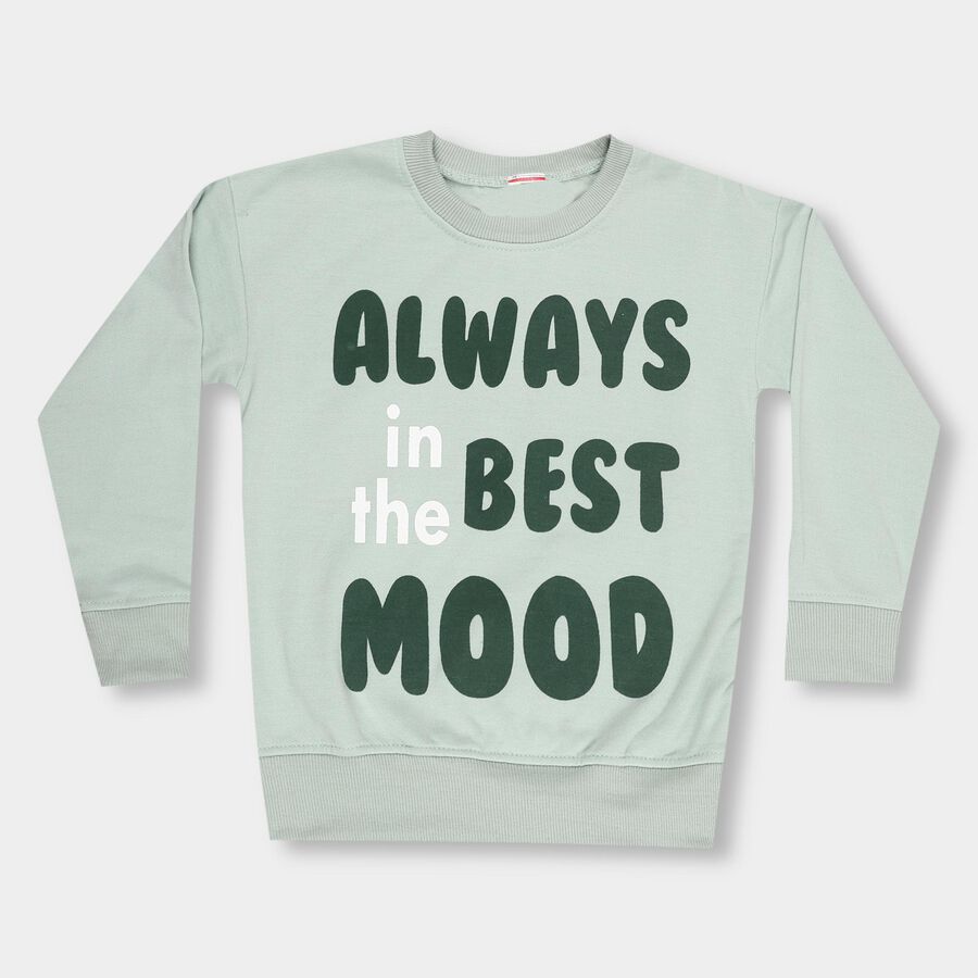 Boys Light Sage Green Crew Neck Casual Sweatshirt, हल्का हरा, large image number null