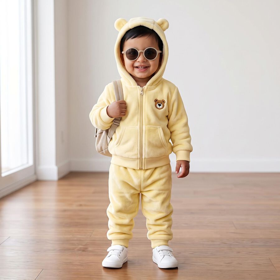 Infants' Yellow Hooded Bear Patch Baba Suit, Yellow, large