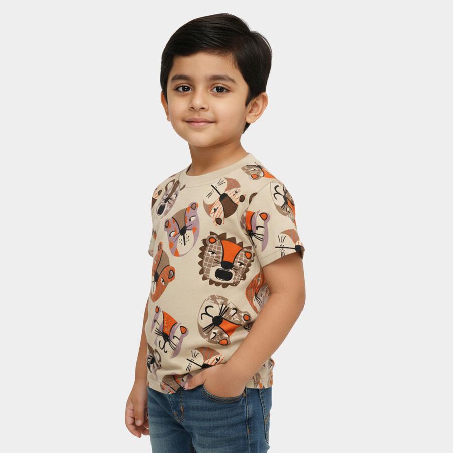 Boys Beige Cotton Round Neck Casual T-Shirt, Beige, large