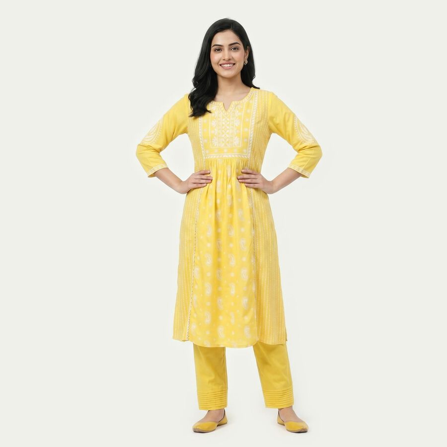 Women's Yellow Embroidered Ethnic Set, Mustard, large