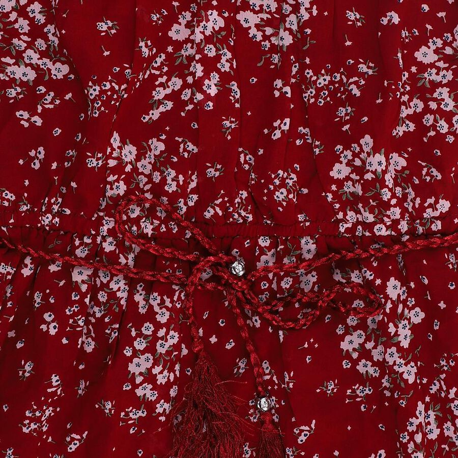 Girls' Deep Crimson Red Round Neck Floral Print Dress, वाइन, large image number null