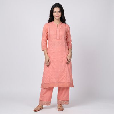 Women's Pink Cotton Notch Neck Solid Straight Kurta