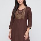 Women's Brown Round Neck Embroidered Kurta, Brown, small