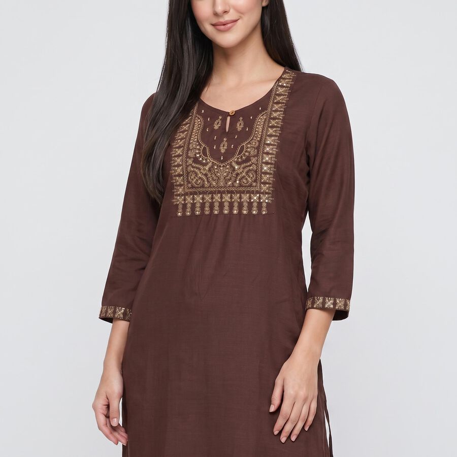 Women's Brown Round Neck Embroidered Kurta, Brown, large