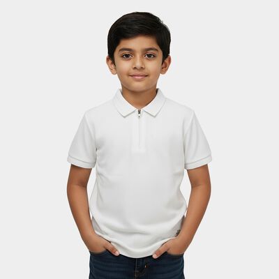 Boys White Cotton Round Neck Casual Half Sleeves T-Shirt