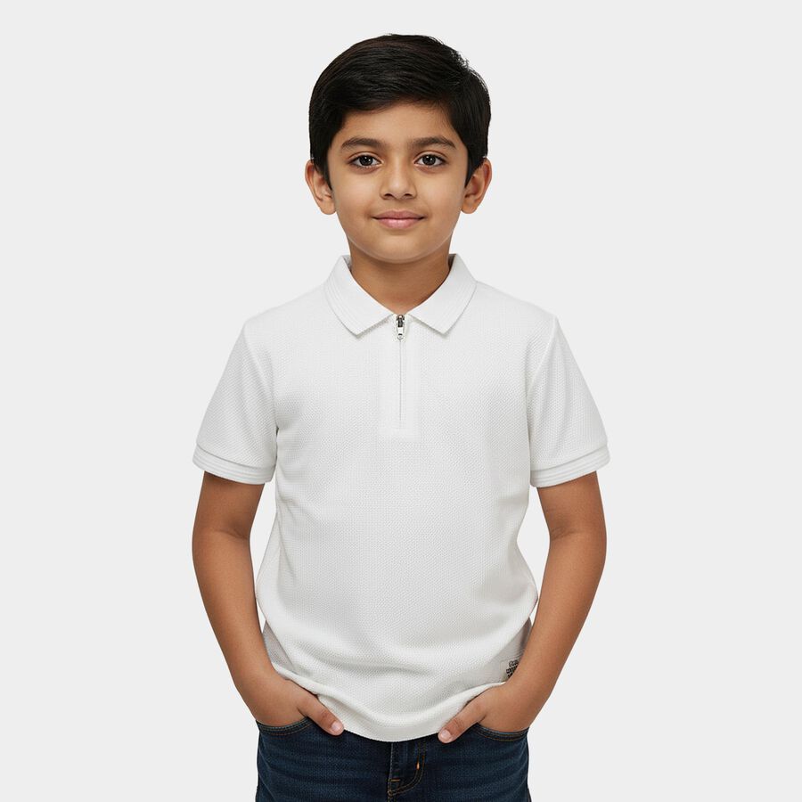 Boys White Cotton Round Neck Casual Half Sleeves T-Shirt, ऑफ व्हाइट, large