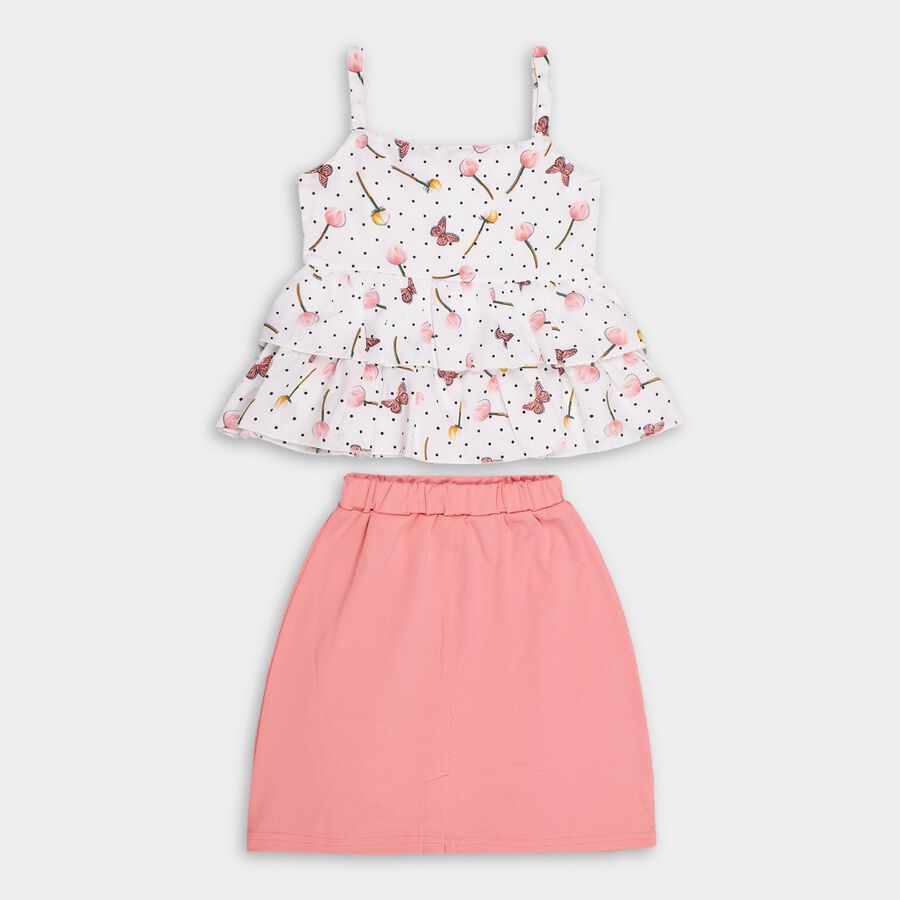 Girls' White Floral Printed Sleeveless Top and Pink Skirt Set, Coral, large image number null