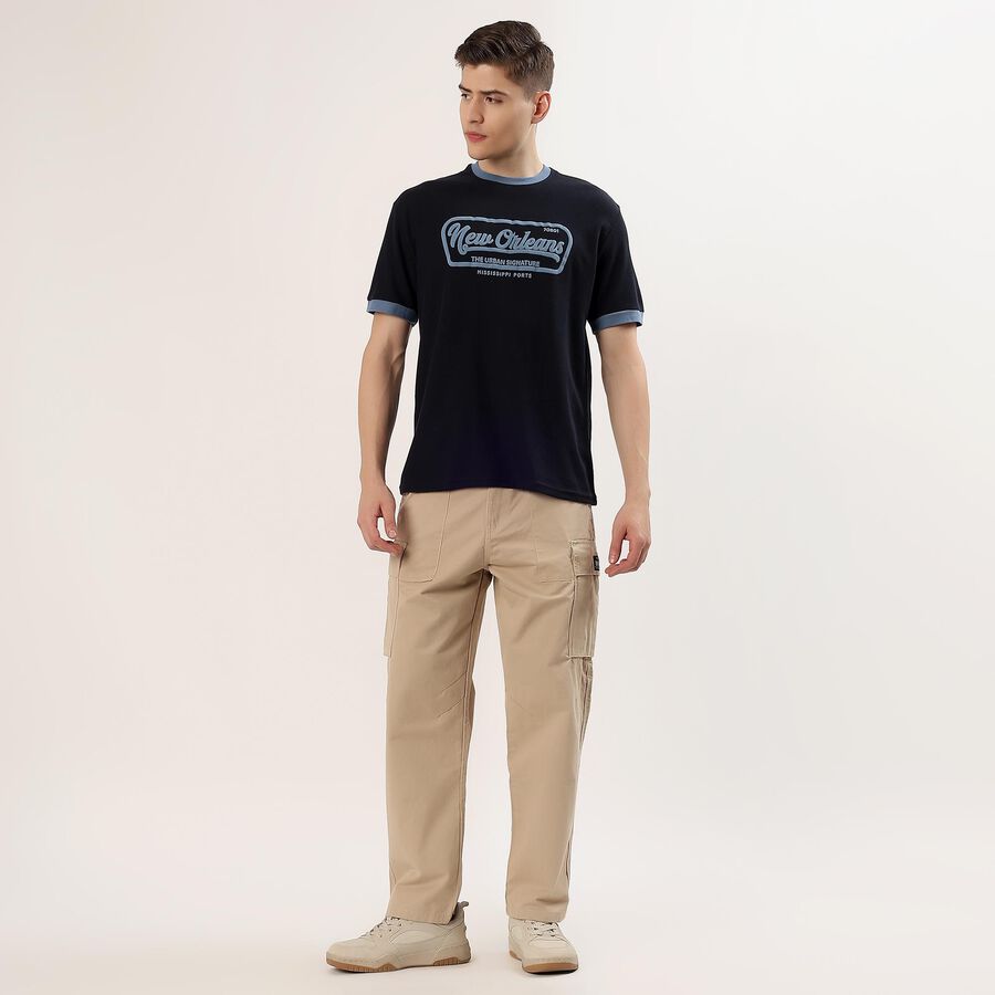 Men's Beige Slim Fit Flat-Front Casual Trousers, Beige, large