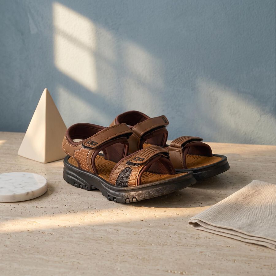 Boys' Brown Velcro Strap Strappy Sandals, भूरा, large