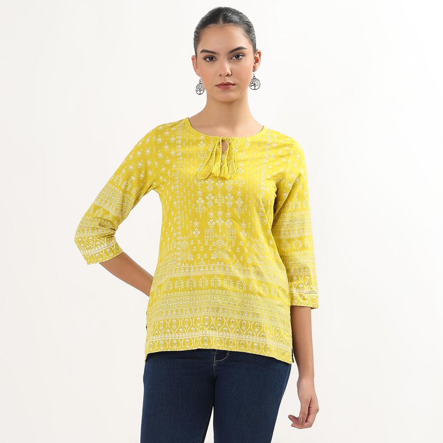 Women's Bright Yellow Round Neck Placement Printed Kurti, Yellow, large image number null