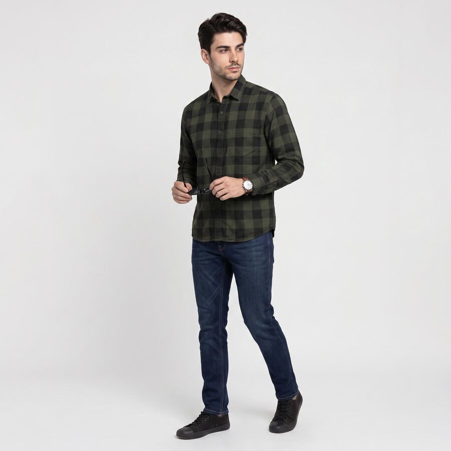 Men's Olive Green Cotton Long Sleeve Checked Shirt, Dark Green, large