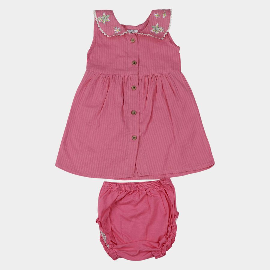 Infants' Pink Cotton Embroidered Collar Sleeveless Frock with Bloomers, Pink, large