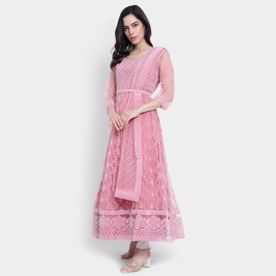 All Over Print 3/4th Sleeves Flared Kurta, Pink, large image number null
