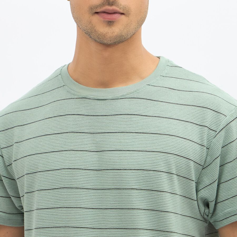 Men's Light Sage Green Round Neck Striped T-Shirt, Light Green, large image number null