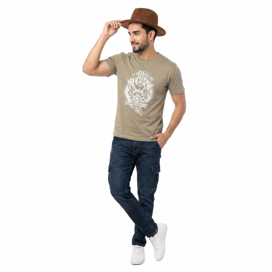 Men's Brown Round Neck Regular T-Shirt, Brown, large