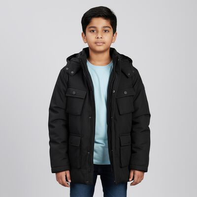 Boys Jet Black Hooded Casual Jacket