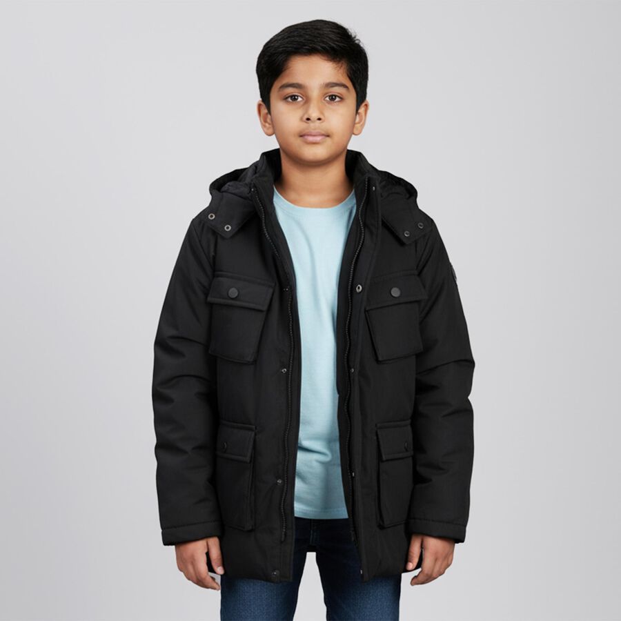 Boys Jet Black Hooded Casual Jacket, Black, large image number null