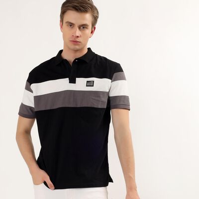 Men's Black Cotton Blend Polo Neck Classic Collared T-Shirt