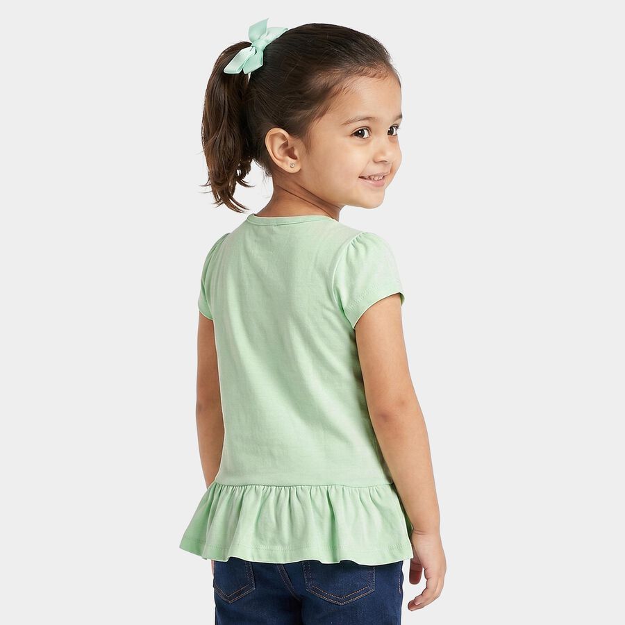 Girls' Mint Green Cotton Round Neck Regular T-Shirt, Light Green, large