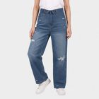Women's Light Blue Straight Fit Distressed Jeans, हल्का नीला, small
