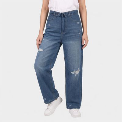 Women's Light Blue Straight Fit Distressed Jeans