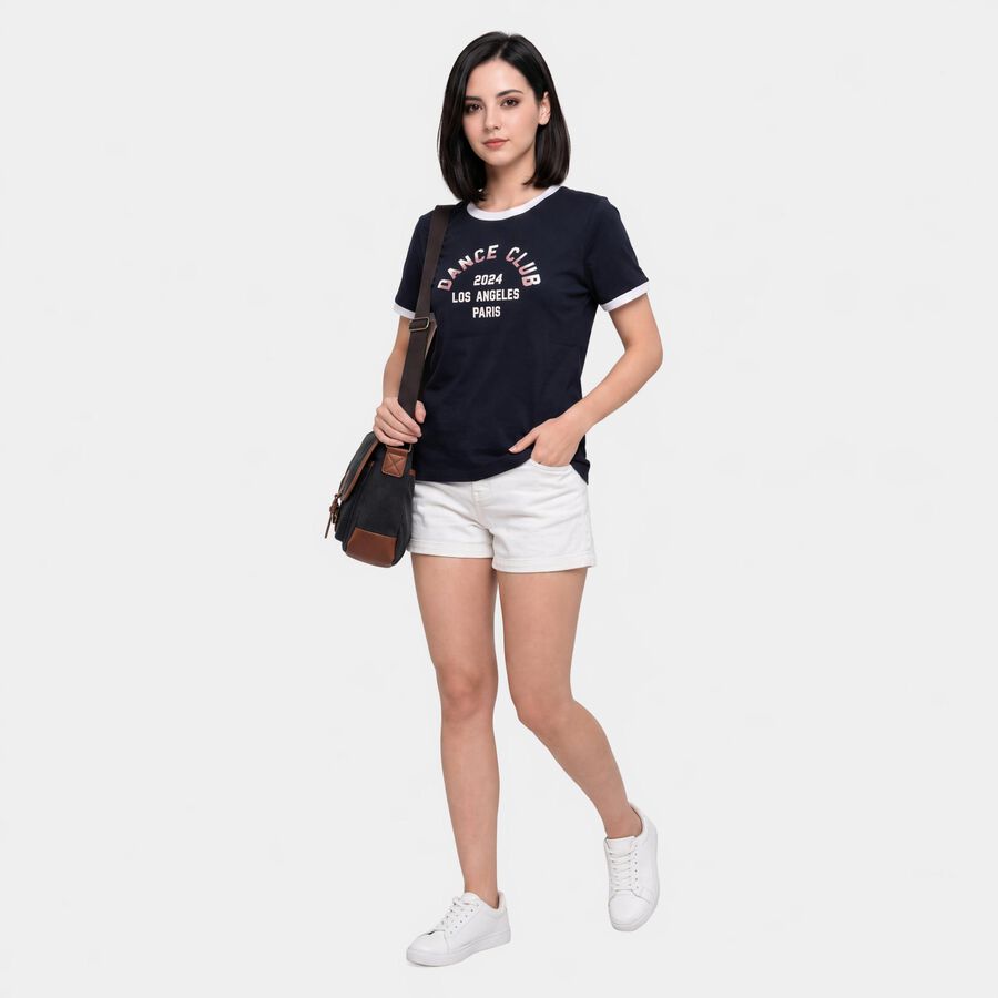Women's Navy Blue Round Neck Regular T-Shirt, नेवी ब्लू, large