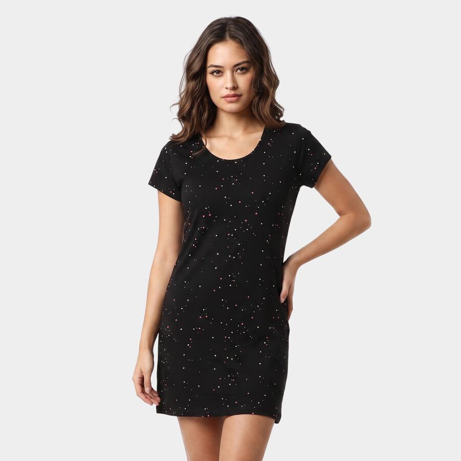 Women's Black Round Neck T-Shirt Style Nighty, काला, large