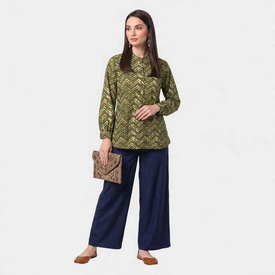 Women's Olive Green Mandarin Collar Geometric Kurti, ओलिव, large