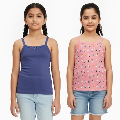 Girls' Pink Printed and Blue Solid Cotton Sleeveless Vest Set