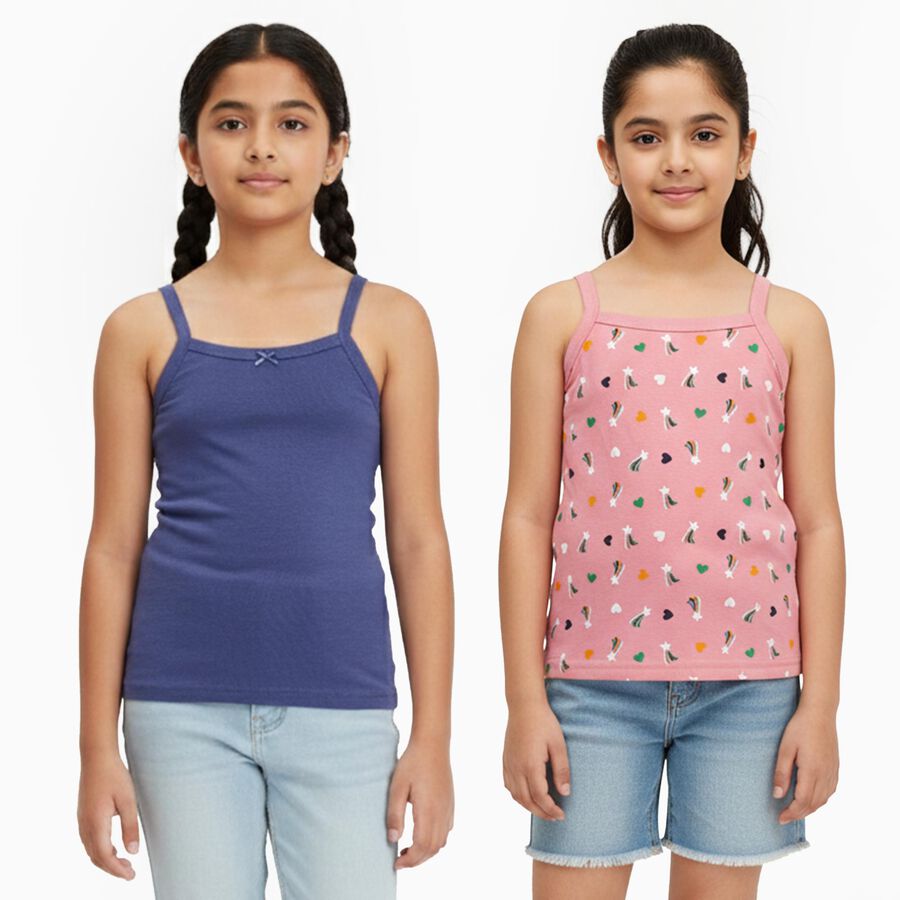 Girls' Pink Printed and Blue Solid Cotton Sleeveless Vest Set, Dark Blue, large image number null