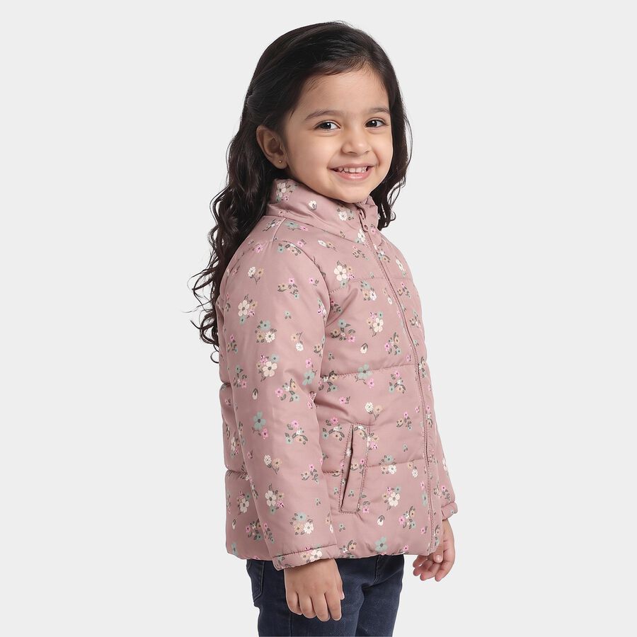 Girls' Pink Stand Collar Puffer Jacket, Pink, large