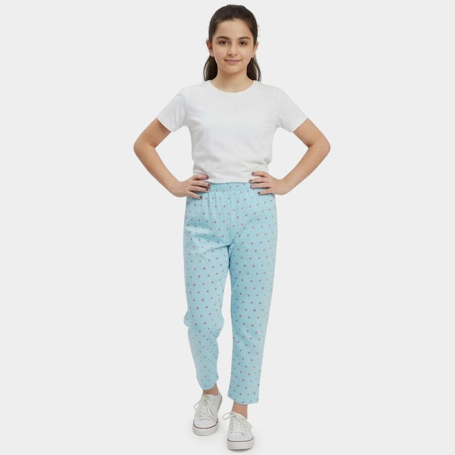 Girls Navy Blue Regular Fit Star Printed Pyjama, Light Blue, large