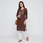 Women's Brown Round Neck Embroidered Kurta, Brown, small