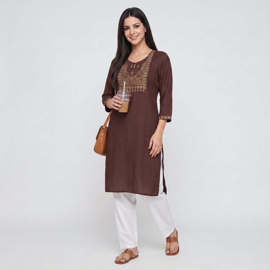 Women's Brown Round Neck Embroidered Kurta, Brown, large