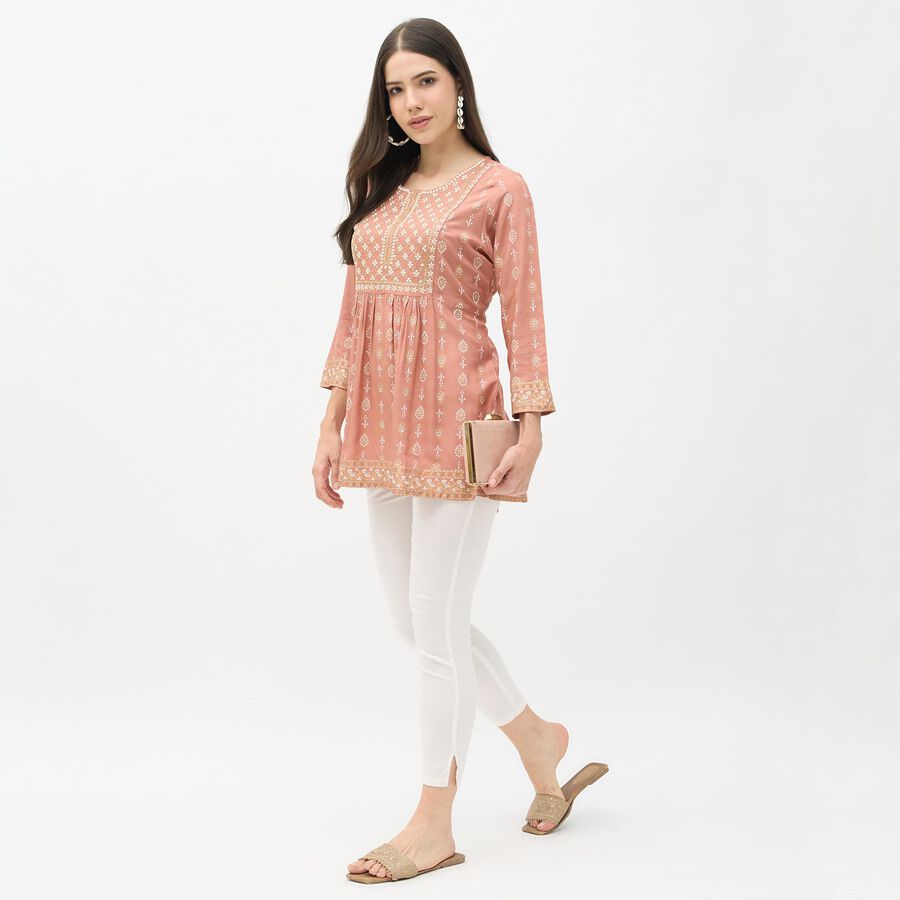 Women's Bright Pink Round Neck Solid Kurti, गुलाबी, large