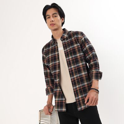 Men's Dark Plaid Cotton Full Sleeve Button-Down Shirt