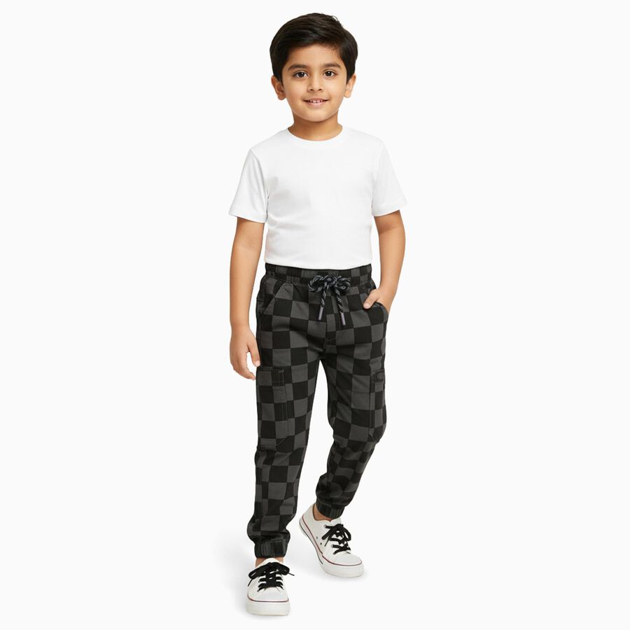Boys' Black and Grey Checkered Jogger Trousers, काला, large image number null