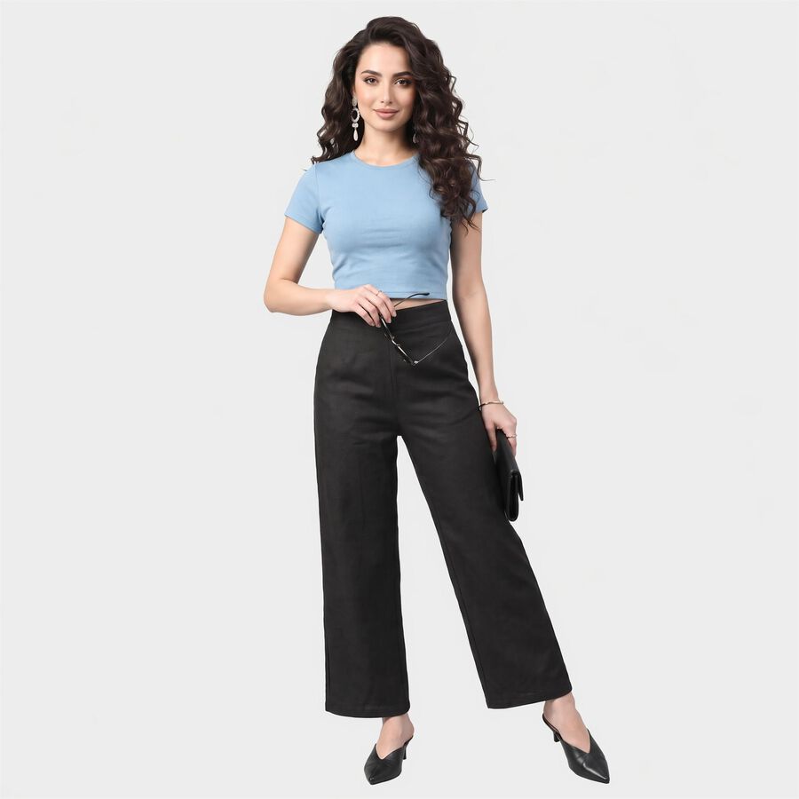 Women's Dark Grey Wide Leg Solid Trousers, गहरा ग्रे, large