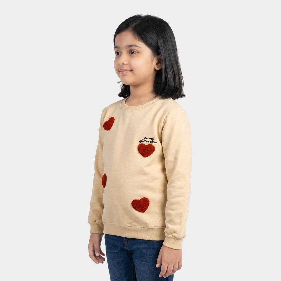 Girls' Cream Crew Neck Pullover Sweatshirt, ऑफ व्हाइट, large