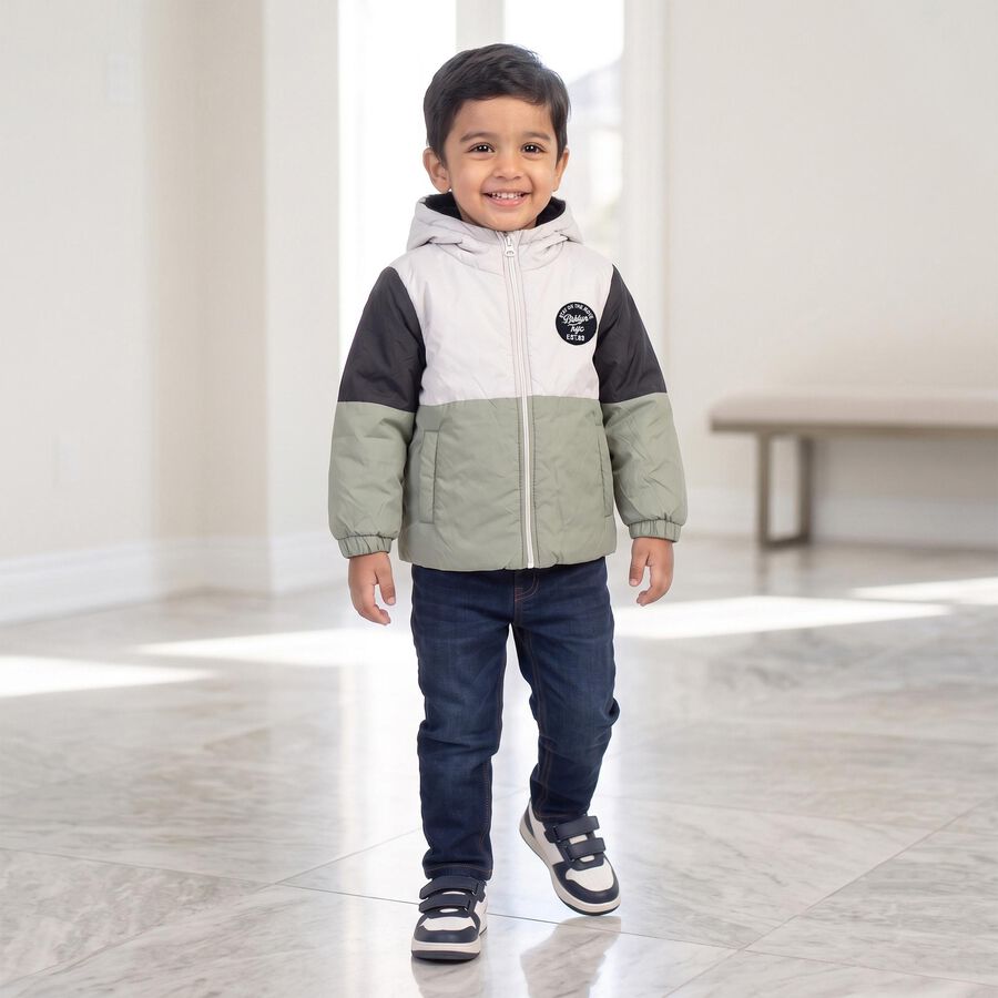 Boys' White Hooded Puffer Jacket, White, large