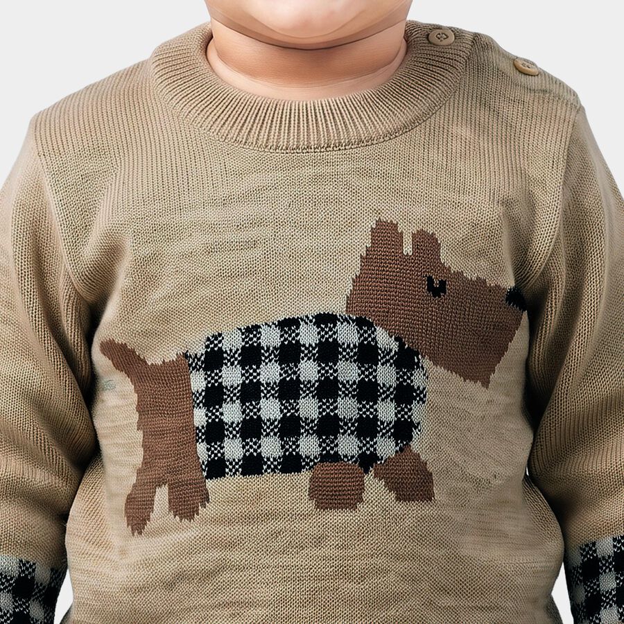 Infants Beige Crew Neck Printed Pullover, गहरा पीला, large